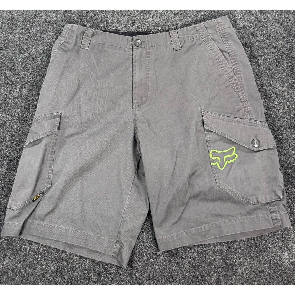 Fox Racing Cargo Shorts Mens 38 Gray Neon Green Fox Head Logo Y2K Style